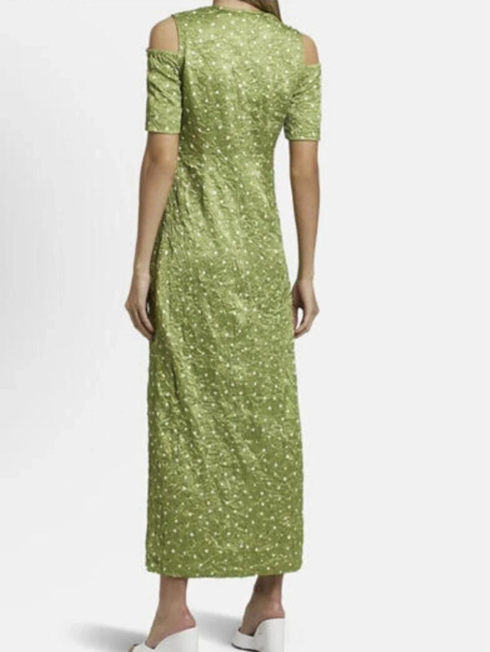 GANNI Green Polka Dot Cold Shoulder Midi Dress Size 34 US 4 V Neck Satin NWOT - Picture 2 of 16